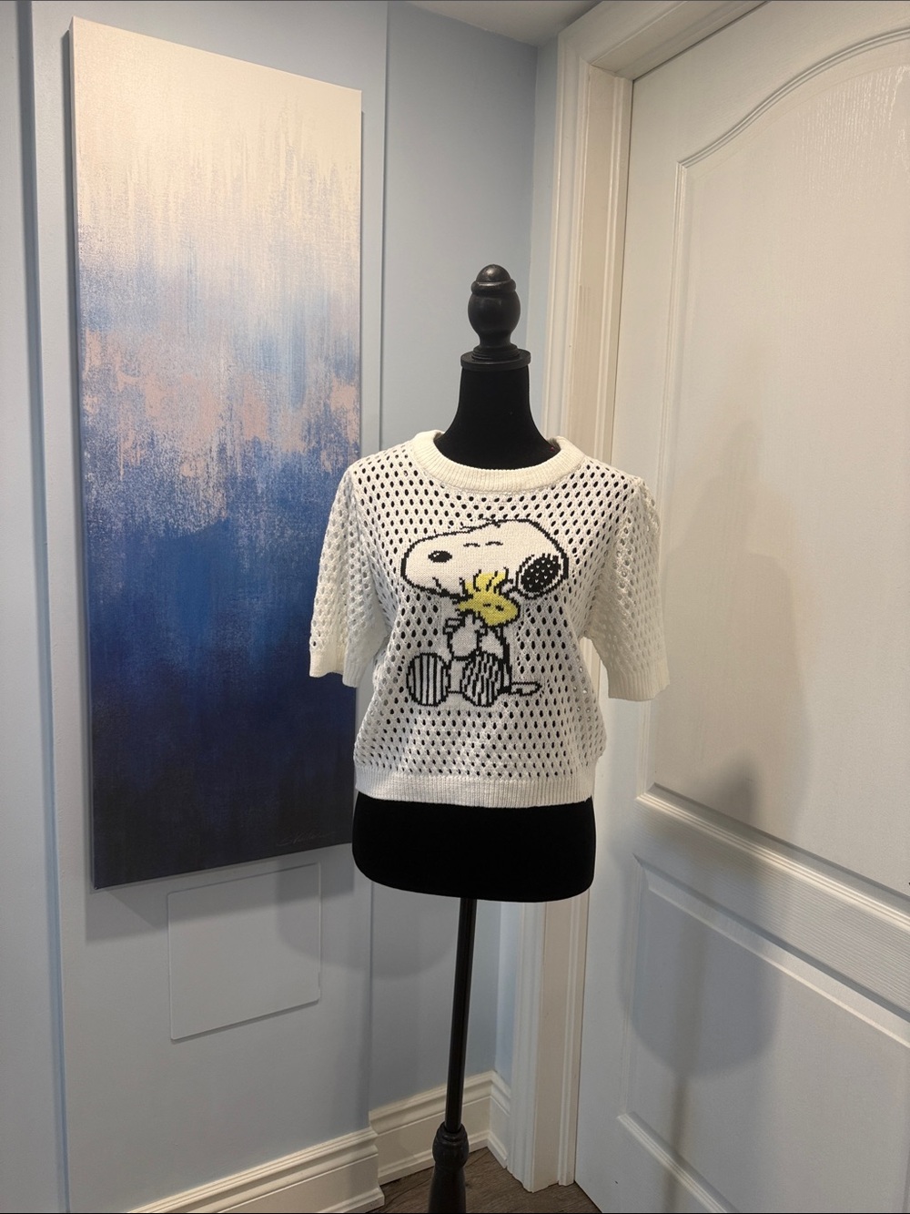 Peanuts White Open-Knit Snoopy & Woodstock Short-Sleeve Top